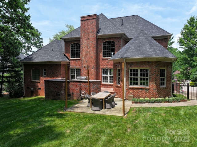 252 Bay Shore Loop, Mooresville, NC 28117 - back of property featuring a shingled roof, a patio, brick siding, and a chimney
