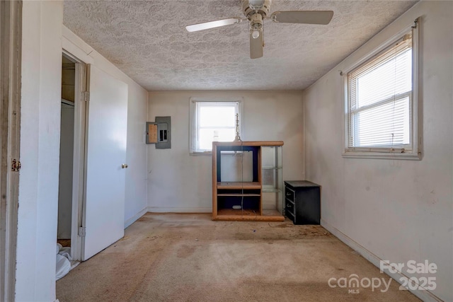 interior space with light carpet, electric panel, and a textured ceiling