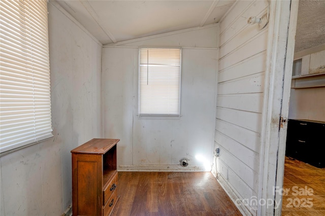 spare room featuring vaulted ceiling and dark wood-type flooring