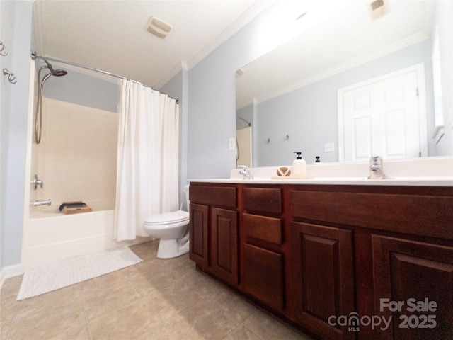 full bathroom featuring shower / bath combination with curtain, vanity, toilet, and crown molding