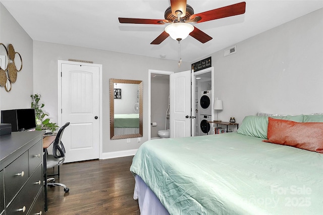 bedroom with connected bathroom, dark hardwood / wood-style floors, and ceiling fan