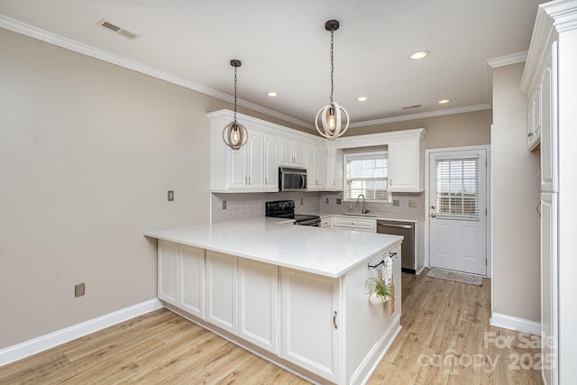 kitchen featuring white cabinetry, sink, backsplash, kitchen peninsula, and stainless steel appliances