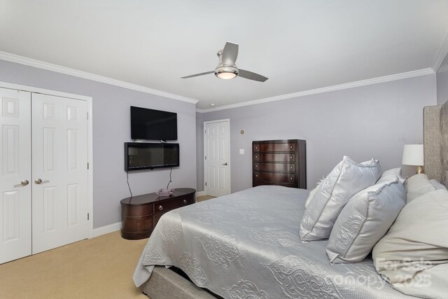 bedroom with ceiling fan, ornamental molding, carpet flooring, and a closet