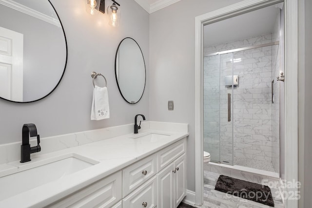 bathroom featuring walk in shower, ornamental molding, and toilet