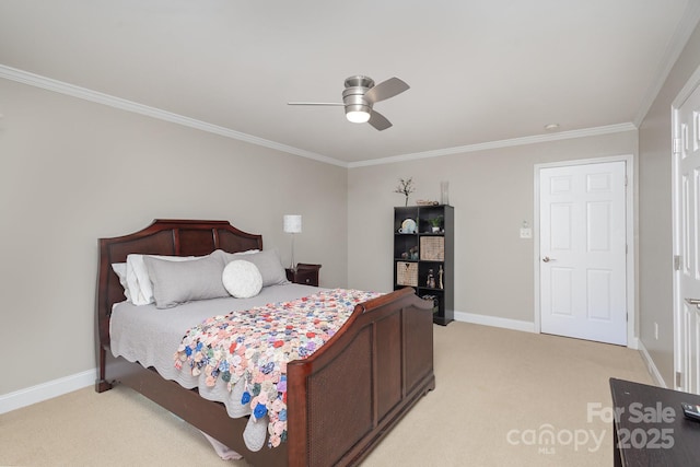 bedroom with light carpet, ornamental molding, and ceiling fan