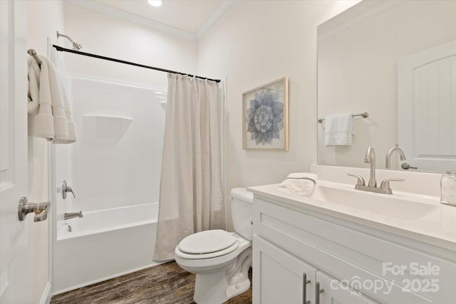 full bathroom with toilet, shower / bath combo with shower curtain, ornamental molding, wood finished floors, and vanity