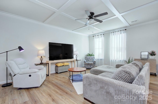 living room with coffered ceiling, ceiling fan, and light hardwood / wood-style flooring