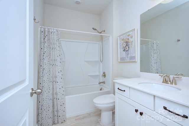 full bathroom with vanity, toilet, and shower / tub combo with curtain