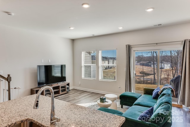 living room featuring sink and light hardwood / wood-style floors