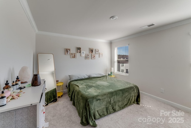 bedroom with light carpet and crown molding