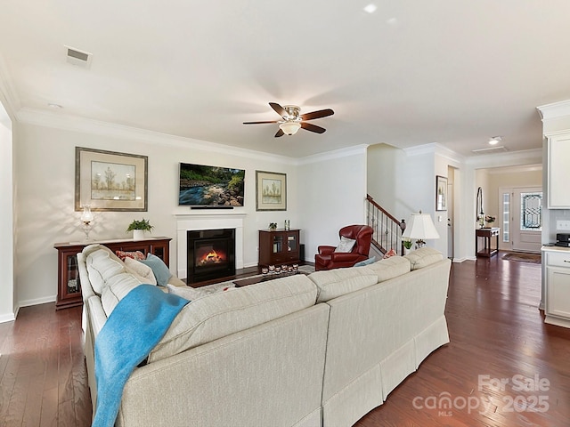 living room featuring dark wood-type flooring, ceiling fan, and ornamental molding