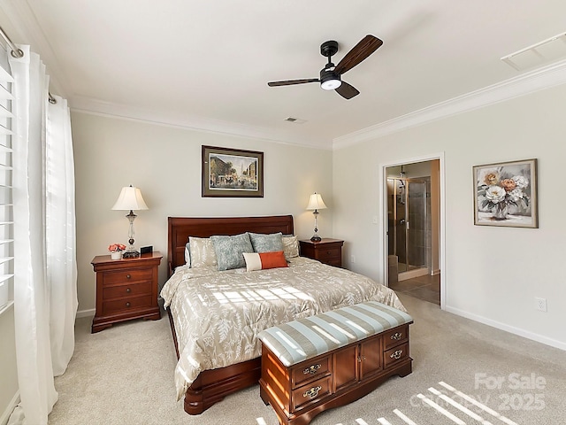 bedroom with ceiling fan, ornamental molding, connected bathroom, and light carpet