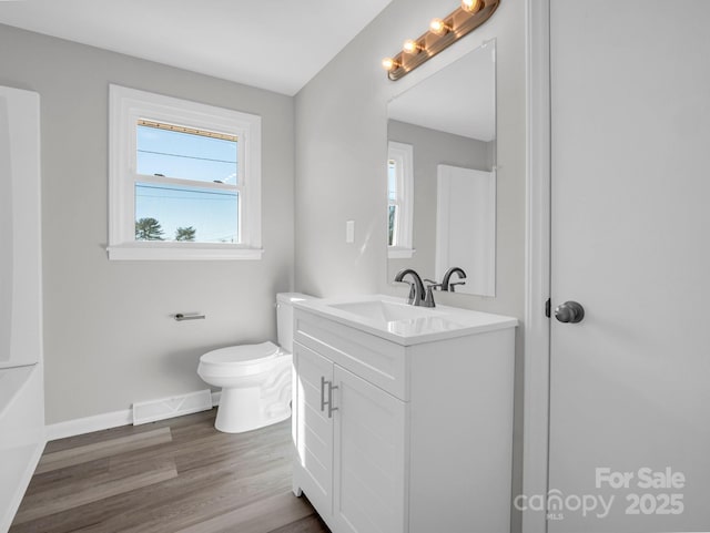 bathroom with wood-type flooring, vanity, and toilet