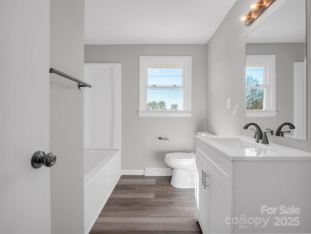 bathroom with vanity, hardwood / wood-style flooring, and toilet