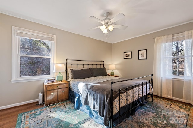 bedroom with multiple windows, crown molding, and dark hardwood / wood-style flooring