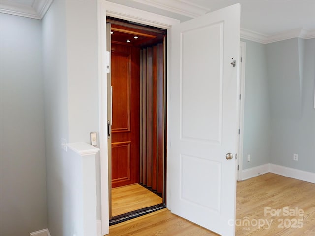 corridor with elevator, ornamental molding, and light hardwood / wood-style flooring