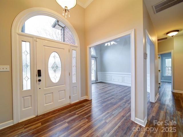 foyer entrance featuring a towering ceiling, dark hardwood / wood-style flooring, and a wealth of natural light