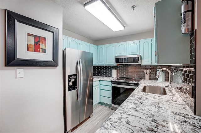 kitchen with sink, decorative backsplash, light hardwood / wood-style floors, stainless steel appliances, and a textured ceiling