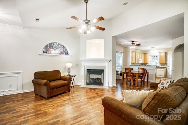 living room featuring light hardwood / wood-style flooring and ceiling fan