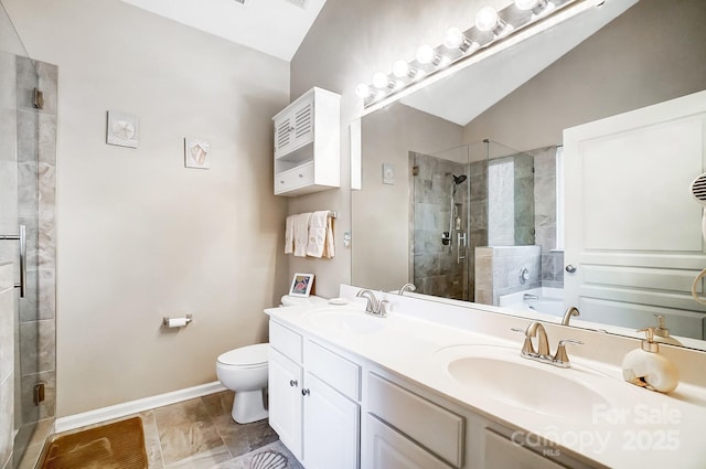 full bathroom featuring plus walk in shower, lofted ceiling, vanity, and toilet