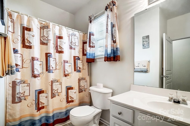 bathroom featuring vanity, toilet, and walk in shower