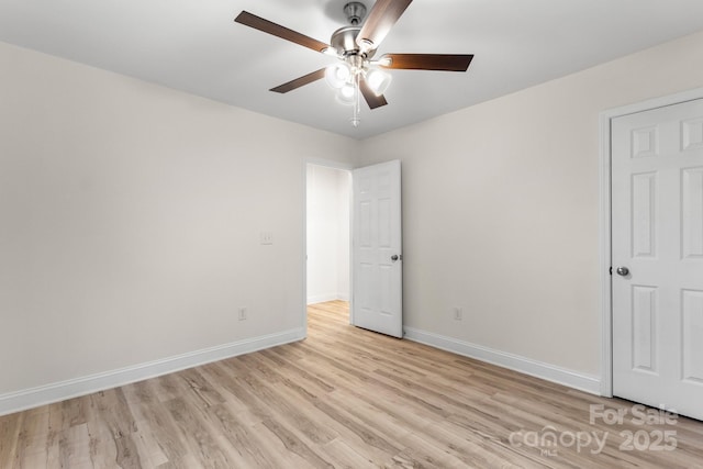 unfurnished bedroom with light hardwood / wood-style flooring and ceiling fan