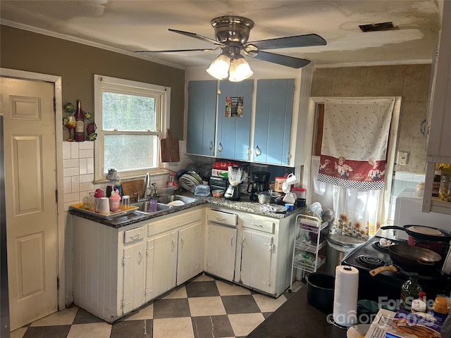 kitchen featuring crown molding, ceiling fan, sink, and white cabinets