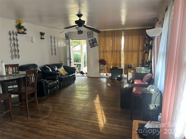 living room with ceiling fan and dark hardwood / wood-style flooring