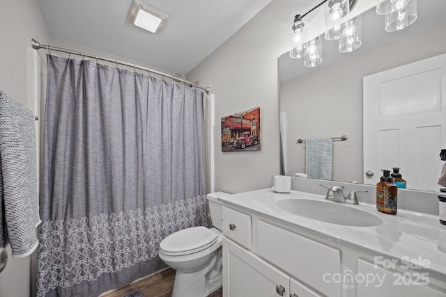 bathroom featuring vanity, hardwood / wood-style flooring, and toilet