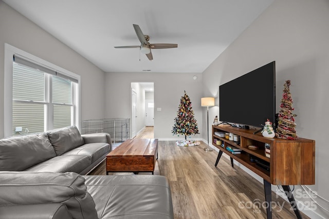 living room featuring hardwood / wood-style floors and ceiling fan