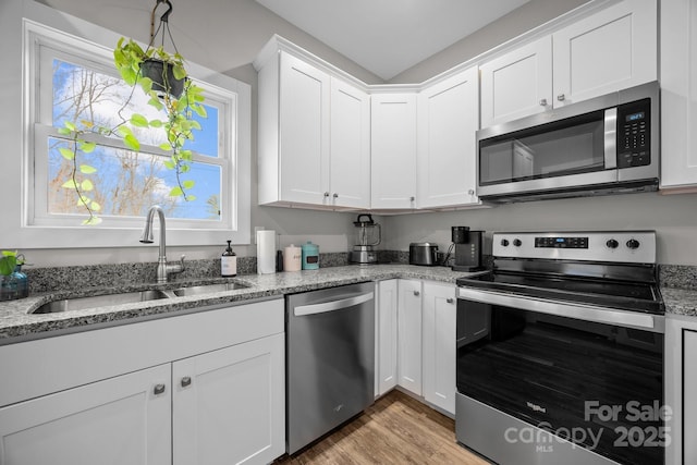 kitchen with white cabinetry, sink, light stone counters, and stainless steel appliances