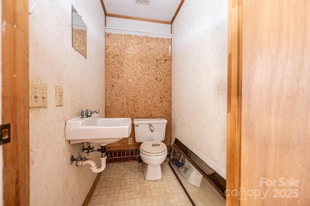 bathroom featuring ornamental molding, sink, a textured ceiling, and toilet