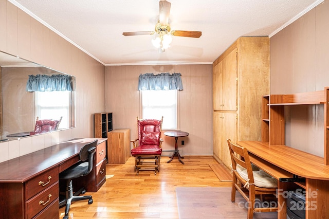 office area featuring crown molding, light hardwood / wood-style flooring, and ceiling fan