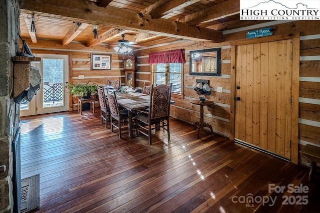 dining area with wooden walls, dark hardwood / wood-style flooring, ceiling fan, wooden ceiling, and beam ceiling