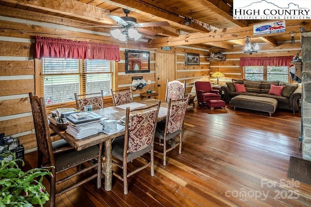 dining space with hardwood / wood-style floors, plenty of natural light, ceiling fan, and wood walls