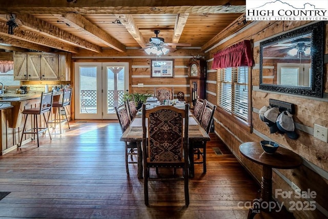 dining space featuring dark hardwood / wood-style flooring, wood ceiling, and wooden walls