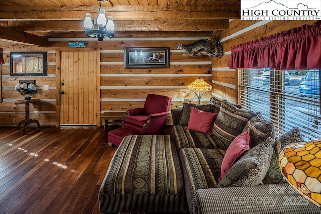 living room with beamed ceiling, dark wood-type flooring, and wood walls