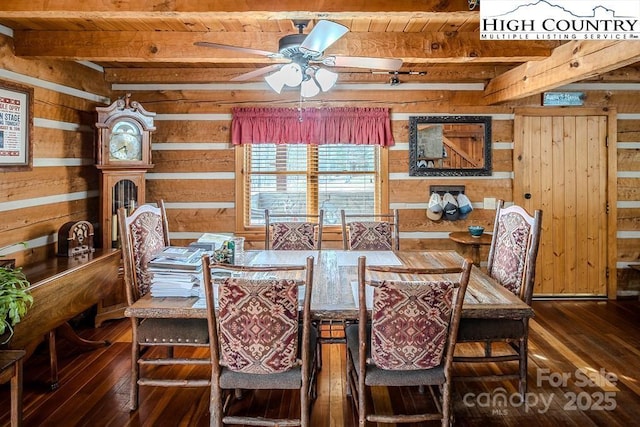 dining area with wood walls, beamed ceiling, dark hardwood / wood-style flooring, ceiling fan, and wooden ceiling