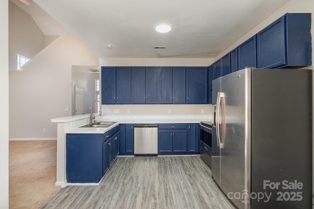 kitchen with blue cabinets, sink, light hardwood / wood-style flooring, appliances with stainless steel finishes, and kitchen peninsula