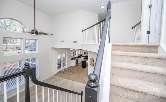 stairs featuring wood-type flooring, ceiling fan, and a high ceiling