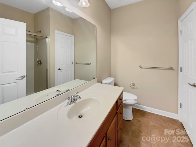 bathroom with tile patterned flooring, vanity, a shower with door, and toilet