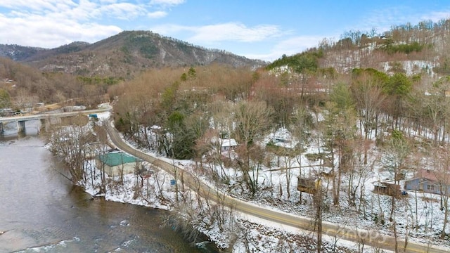 snowy aerial view featuring a mountain view