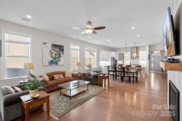 living room with ceiling fan and wood-type flooring