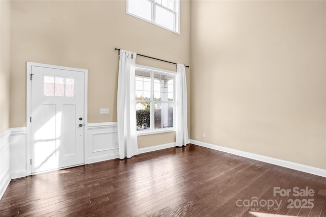 entrance foyer featuring dark hardwood / wood-style flooring, a healthy amount of sunlight, and a high ceiling