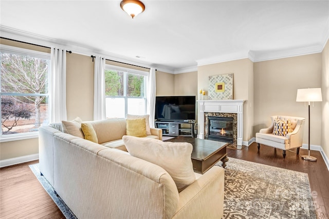 living room with hardwood / wood-style flooring, ornamental molding, and a high end fireplace