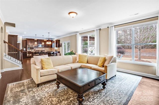 living room with crown molding and wood-type flooring