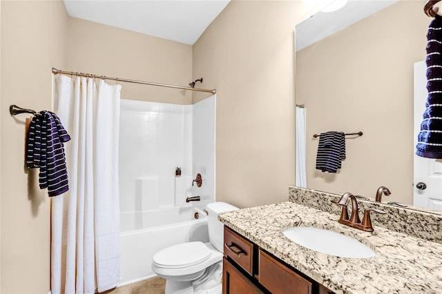 full bathroom with shower / bathtub combination with curtain, vanity, and toilet