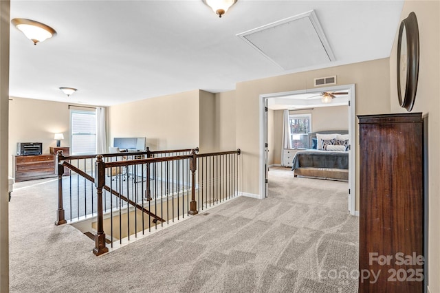 hallway with plenty of natural light and light colored carpet