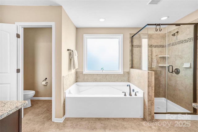 full bathroom with vanity, toilet, separate shower and tub, and tile patterned flooring