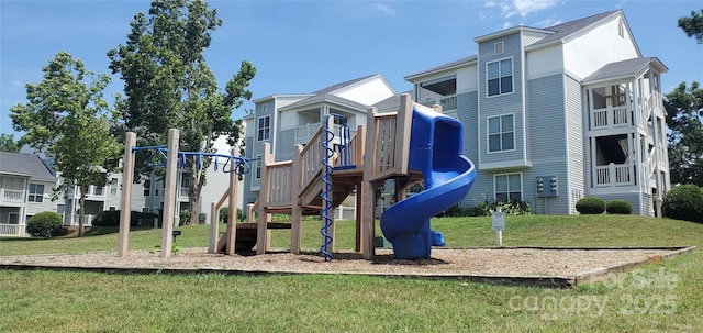 view of jungle gym with a yard